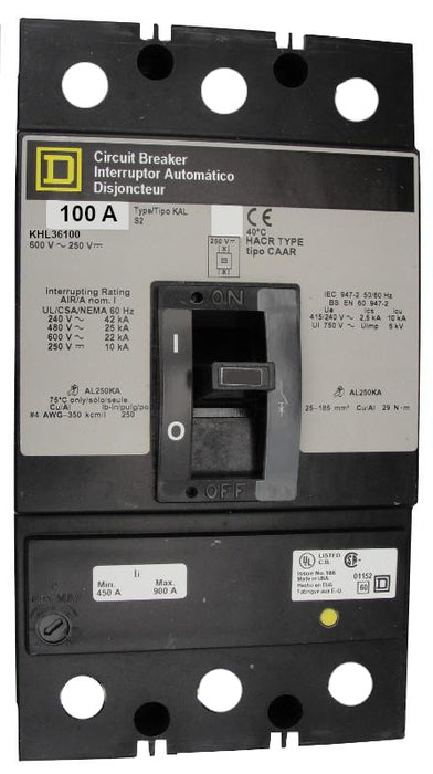 KHL36100 KHL Frame Style, Molded Case Circuit Breaker, Thermal Magnetic Non-interchangeable Trip Unit, 100 Ampere at 40 Degree Celsius, 3 Pole, Line and Load End Terminals Standard. New Surplus and Certified Reconditioned with 1 Year Warranty.