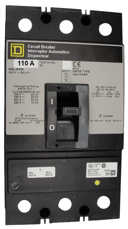 KHL36110 KHL Frame Style, Molded Case Circuit Breaker, Thermal Magnetic Non-interchangeable Trip Unit, 110 Ampere at 40 Degree Celsius, 3 Pole, Line and Load End Terminals Standard. New Surplus and Certified Reconditioned with 1 Year Warranty.