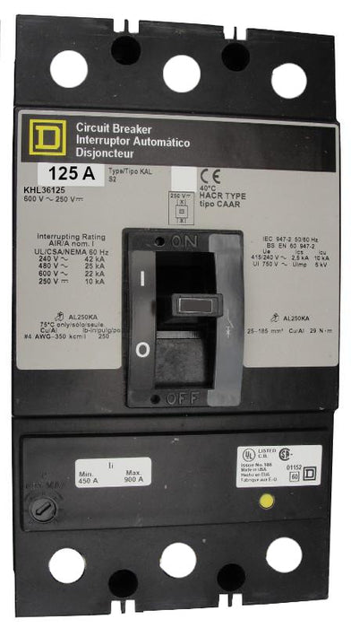KHL36125  KHL Frame Style, Molded Case Circuit Breaker, Thermal Magnetic Non-interchangeable Trip Unit, 125 Ampere at 40 Degree Celsius, 3 Pole, Line and Load End Terminals Standard. New Surplus and Certified Reconditioned with 1 Year Warranty.