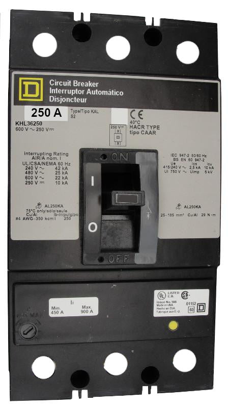 KHL36250 KHL Frame Style, Molded Case Circuit Breaker, Thermal Magnetic Non-interchangeable Trip Unit, 250 Ampere at 40 Degree Celsius, 3 Pole, Line and Load End Terminals Standard. New Surplus and Certified Reconditioned with 1 Year Warranty.