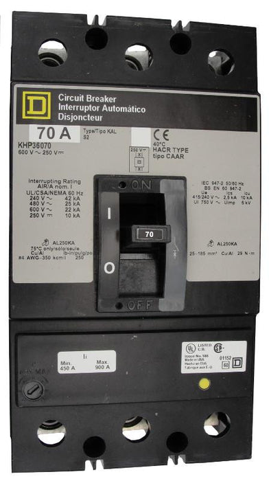 KHP36070 KHP Frame Style, Molded Case Circuit Breaker, Panel Mounted, Thermal Magnetic Non-interchangeable Trip Unit, 70 Ampere at 40 Degree Celsius, 3 Pole, Load End Terminals Standard. New Surplus and Certified Reconditioned with 1 Year Warranty.