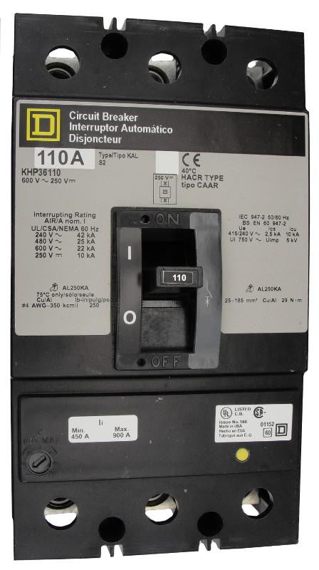 KHP36110 KHP Frame Style, Molded Case Circuit Breaker, Panel Mounted, Thermal Magnetic Non-interchangeable Trip Unit, 110 Ampere at 40 Degree Celsius, 3 Pole, Load End Terminals Standard. New Surplus and Certified Reconditioned with 1 Year Warranty.