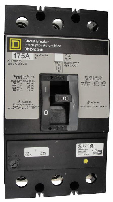 KHP36175 KHP Frame Style, Molded Case Circuit Breaker, Panel Mounted, Thermal Magnetic Non-interchangeable Trip Unit, 175 Ampere at 40 Degree Celsius, 3 Pole, Load End Terminals Standard. New Surplus and Certified Reconditioned with 1 Year Warranty.