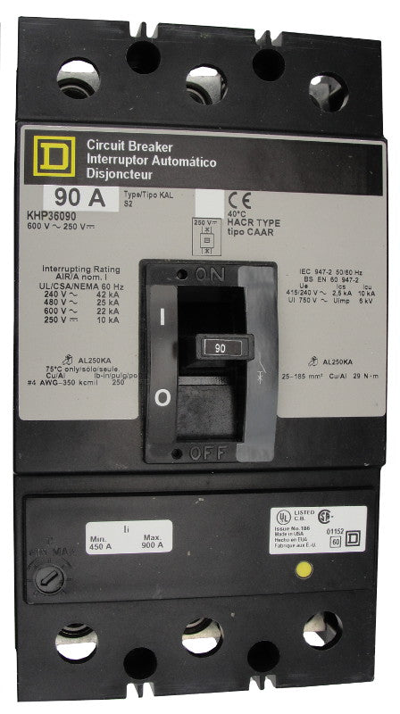 KHP36090 KHP Frame Style, Molded Case Circuit Breaker, Panel Mounted, Thermal Magnetic Non-interchangeable Trip Unit, 90 Ampere at 40 Degree Celsius, 3 Pole, Load End Terminals Standard. New Surplus and Certified Reconditioned with 1 Year Warranty.