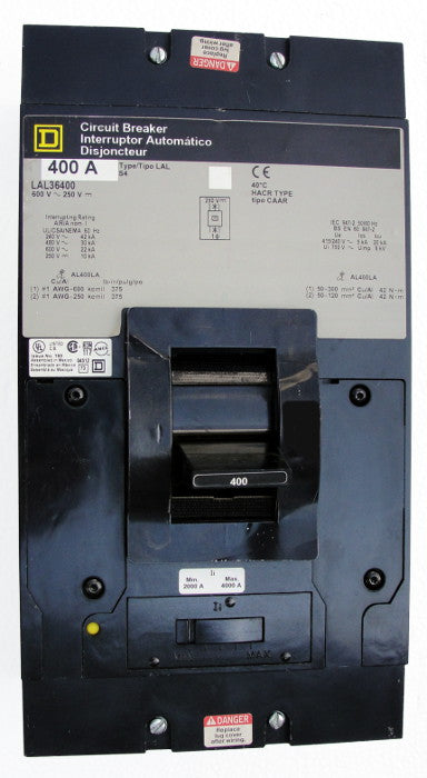 LAL3640032M LAL Frame Style, Molded Case Circuit Breaker, Thermal Magnetic Non-interchangeable Trip Unit, 400 Ampere at 40 Degree Celsius, 3 Pole, 10 Kiloampere @ 250 VDC, Line and Load End Terminals Standard. New Surplus and Certified Reconditioned with 1 Year Warranty.
