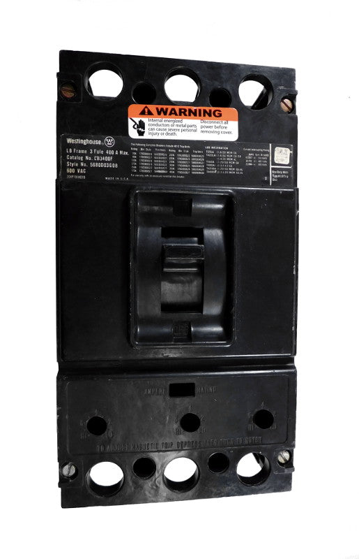LB3400F (Frame Only) LB Frame Style, Frame Only, 400 Ampere Max at 40 Degree Celsius, 3 Pole, 600VAC @ 50/60HZ, Interrupting Ratings: 50 Kiloampere @ 240VAC, 35 Kiloampere @ 480VAC, 25 Kiloampere @ 600VAC, Without Terminals. New Surplus and Certified Reconditioned with 1 Year Warranty.