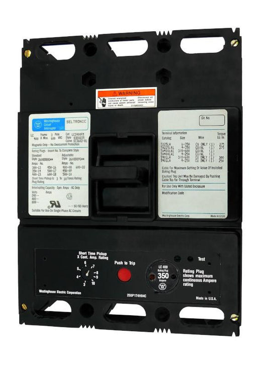 LC3350M (LC3600FM w/350 Amp Rating Plug) LC Frame Style, Molded Case Circuit Breaker, Magnetic Only Non-Interchangeable Trip Unit, 350 Ampere at 40 Degree Celsius, 3 Pole, 600VAC @ 50/60HZ, with 350 Amp Rating Plug Installed. New Surplus and Certified Reconditioned with 1 Year Warranty.