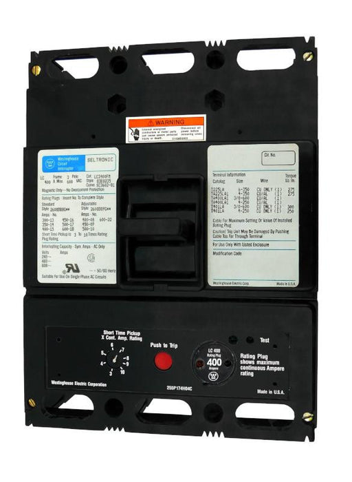 LC3400M (LC3600FM w/400 Amp Rating Plug) LC Frame Style, Molded Case Circuit Breaker, Magnetic Only Non-Interchangeable Trip Unit, 400 Ampere at 40 Degree Celsius, 3 Pole, 600VAC @ 50/60HZ, with 400 Amp Rating Plug Installed. New Surplus and Certified Reconditioned with 1 Year Warranty.