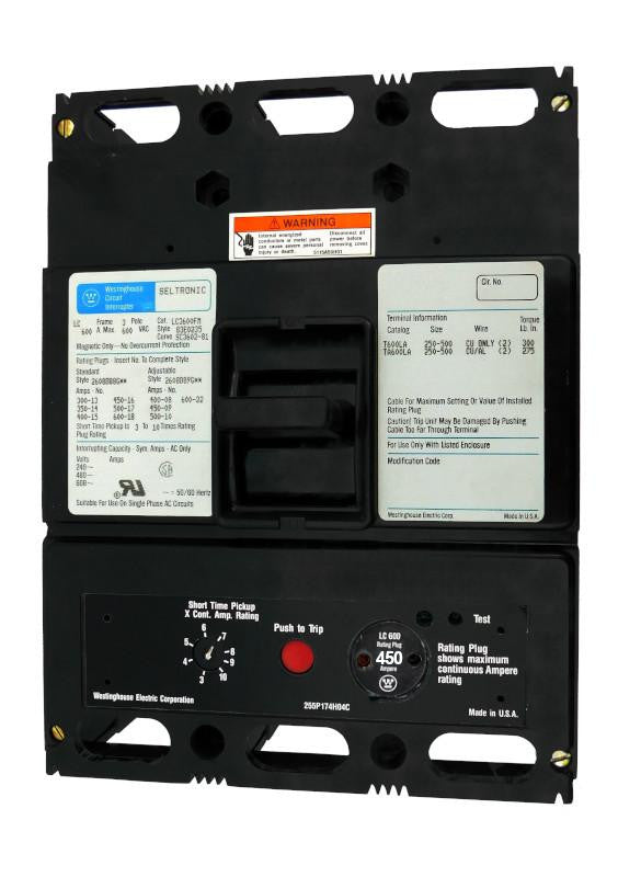 LC3450M (LC3600FM w/450 Amp Rating Plug) LC Frame Style, Molded Case Circuit Breaker, Magnetic Only Non-Interchangeable Trip Unit, 450 Ampere at 40 Degree Celsius, 3 Pole, 600VAC @ 50/60HZ, with 450 Amp Rating Plug Installed. New Surplus and Certified Reconditioned with 1 Year Warranty.