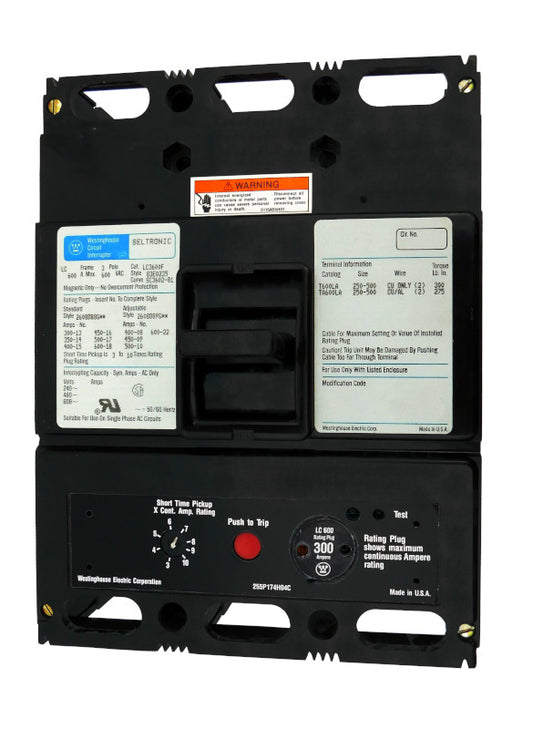 LC3300 (LC3600F w/300 Amp Rating Plug) LC Frame Style, Molded Case Circuit Breaker, LS Function Non-Interchangeable Trip Unit, 300 Ampere at 40 Degree Celsius, 3 Pole, 600VAC @ 50/60HZ, with 300 Amp Rating Plug Installed. New Surplus and Certified Reconditioned with 1 Year Warranty.