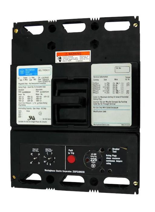 LCA3225 (LCA3400F w/225 Amp Rating Plug) LCA Frame Style, Molded Case Circuit Breaker, LSI Function Non-Interchangeable Trip Unit, 225 Ampere at 40 Degree Celsius, 3 Pole, 600VAC @ 50/60HZ, with 225 Amp Rating Plug Installed. New Surplus and Certified Reconditioned with 1 Year Warranty.