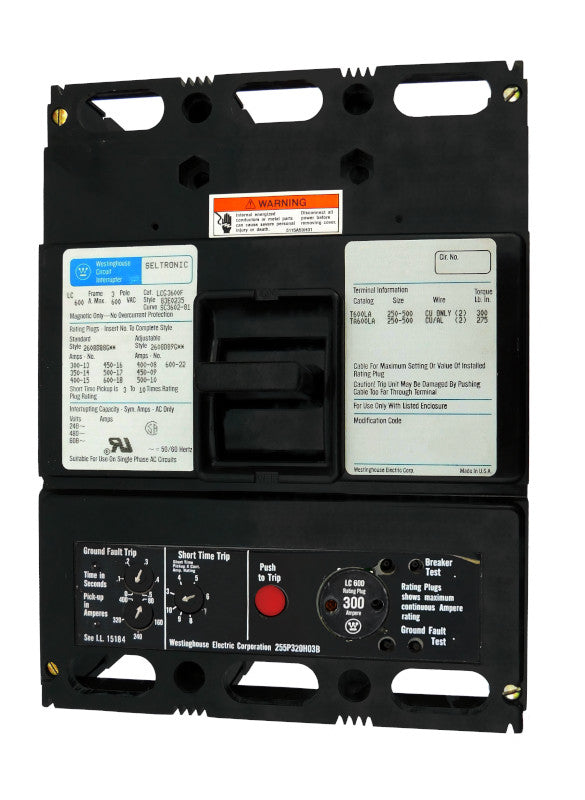 LCG3300 (LCG3600F w/300 Amp Rating Plug) LCG Frame Style, Molded Case Circuit Breaker, LSG Function Non-Interchangeable Trip Unit, 300 Ampere at 40 Degree Celsius, 3 Pole, 600VAC @ 50/60HZ, with 300 Amp Rating Plug Installed. New Surplus and Certified Reconditioned with 1 Year Warranty.