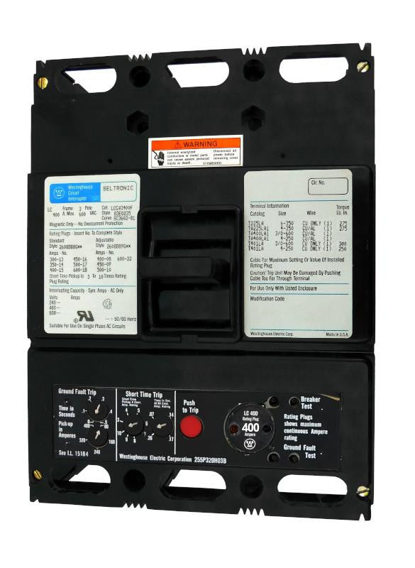 LCGA3400 (LCGA3400F w/400 Amp Rating Plug) LCGA Frame Style, Molded Case Circuit Breaker, LSIG Function Non-Interchangeable Trip Unit, 400 Ampere at 40 Degree Celsius, 3 Pole, 600VAC @ 50/60HZ, with 400 Amp Rating Plug Installed. New Surplus and Certified Reconditioned with 1 Year Warranty.