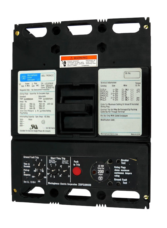 LCGA3200 (LCGA3400F w/200 Amp Rating Plug) LCGA Frame Style, Molded Case Circuit Breaker, LSIG Function Non-Interchangeable Trip Unit, 200 Ampere at 40 Degree Celsius, 3 Pole, 600VAC @ 50/60HZ, with 200 Amp Rating Plug Installed. New Surplus and Certified Reconditioned with 1 Year Warranty.