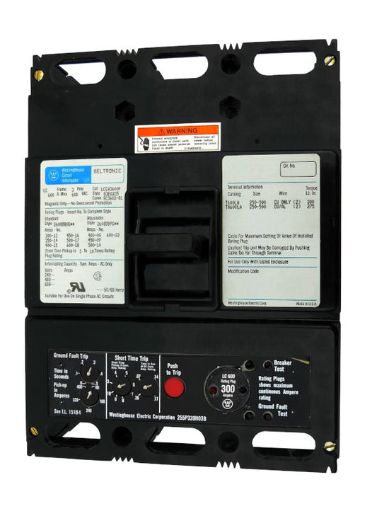 LCGA3300 (LCGA3600F w/300 Amp Rating Plug) LCGA Frame Style, Molded Case Circuit Breaker, LSIG Function Non-Interchangeable Trip Unit, 300 Ampere at 40 Degree Celsius, 3 Pole, 600VAC @ 50/60HZ, with 300 Amp Rating Plug Installed. New Surplus and Certified Reconditioned with 1 Year Warranty.
