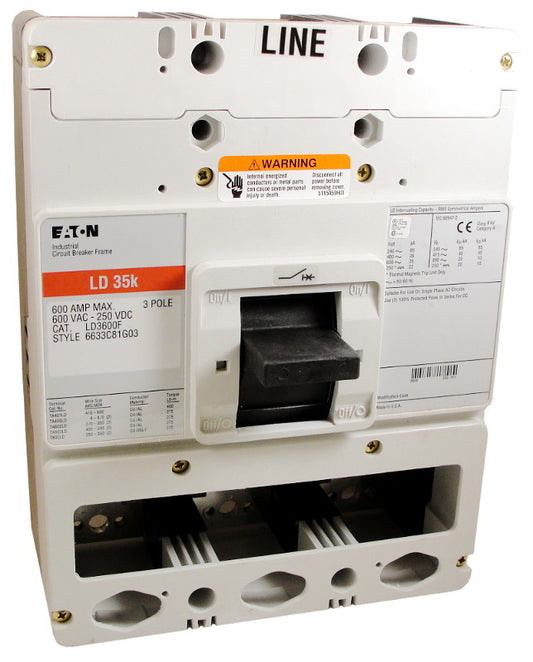 LD3600F (Frame Only) LD Frame Style, Molded Case Circuit Breaker Frame, Frame Only (No Trip Unit Included), 3 Pole, 600VAC @ 50/60HZ, Interrupting Ratings: 65 Kiloampere @ 240VAC, 35 Kiloampere @ 480VAC, 25 Kiloampere @ 600VAC, 22 Kiloampere @ 250VDC. New Surplus and Certified Reconditioned with 1 Year Warranty.