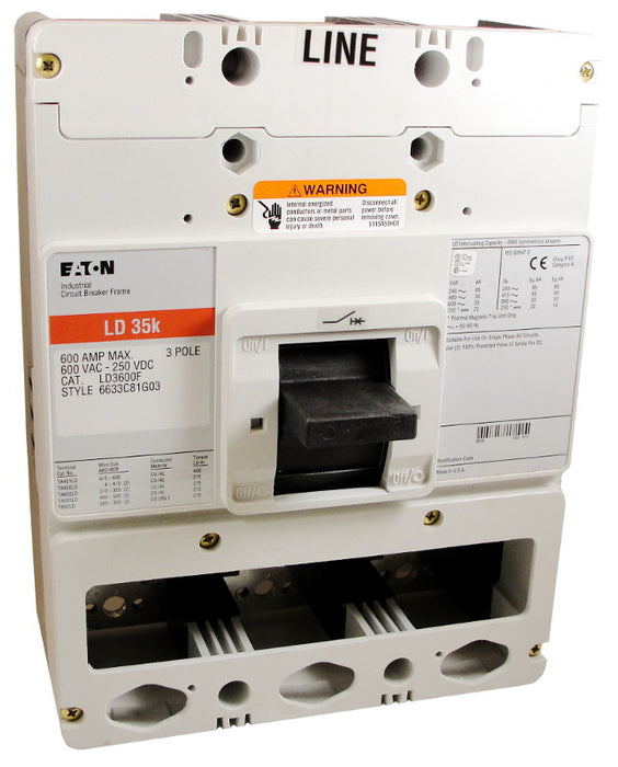 LD3600F (Frame Only) LD Frame Style, Molded Case Circuit Breaker Frame, Frame Only (No Trip Unit Included), 3 Pole, 600VAC @ 50/60HZ, Interrupting Ratings: 65 Kiloampere @ 240VAC, 35 Kiloampere @ 480VAC, 25 Kiloampere @ 600VAC, 22 Kiloampere @ 250VDC. New Surplus and Certified Reconditioned with 1 Year Warranty.