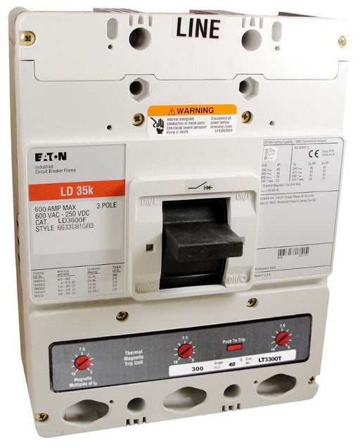LD3300 LD Frame Style, Molded Case Circuit Breaker, Thermal Magnetic Interchangeable Trip Unit, 300 Ampere at 40 Degree Celsius, 3 Pole, 600VAC @ 50/60HZ, Interrupting Ratings: 65 Kiloampere @ 240VAC, 35 Kiloampere @ 480VAC, 25 Kiloampere @ 600VAC, 22 Kiloampere @ 250VDC. New Surplus and Certified Reconditioned with 1 Year Warranty.
