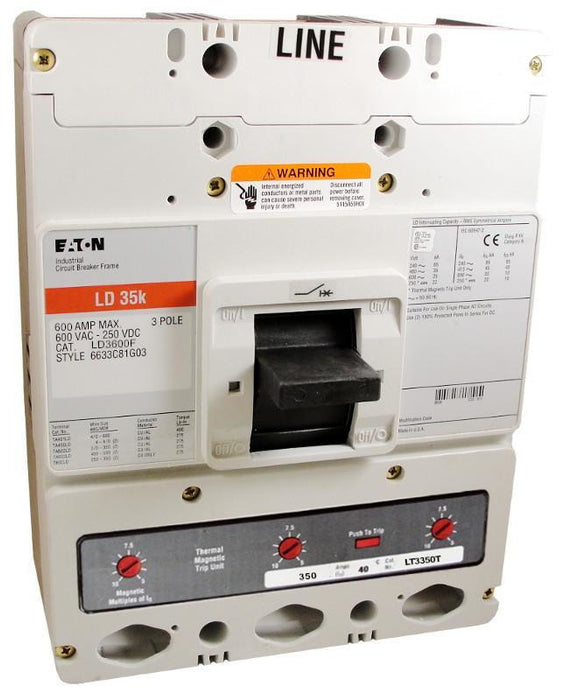 LD3350 LD Frame Style, Molded Case Circuit Breaker, Thermal Magnetic Interchangeable Trip Unit, 350 Ampere at 40 Degree Celsius, 3 Pole, 600VAC @ 50/60HZ, Interrupting Ratings: 65 Kiloampere @ 240VAC, 35 Kiloampere @ 480VAC, 25 Kiloampere @ 600VAC, 22 Kiloampere @ 250VDC. New Surplus and Certified Reconditioned with 1 Year Warranty.