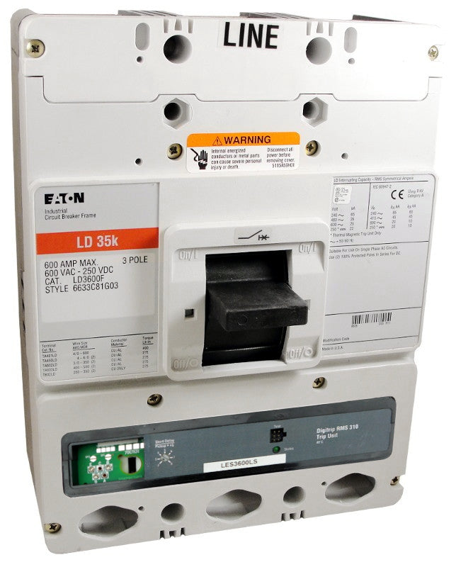 LD3600F w/LES3600LS (RMS 310) LD Frame Style, Molded Case Circuit Breaker, LS Function Non-Interchangeable Trip Unit, 600 Ampere Max at 40 Degree Celsius, 3 Pole, 600VAC @ 50/60HZ Rating Plug Not Included, Without Terminals Standard. New Surplus and Certified Reconditioned with 1 Year Warranty.
