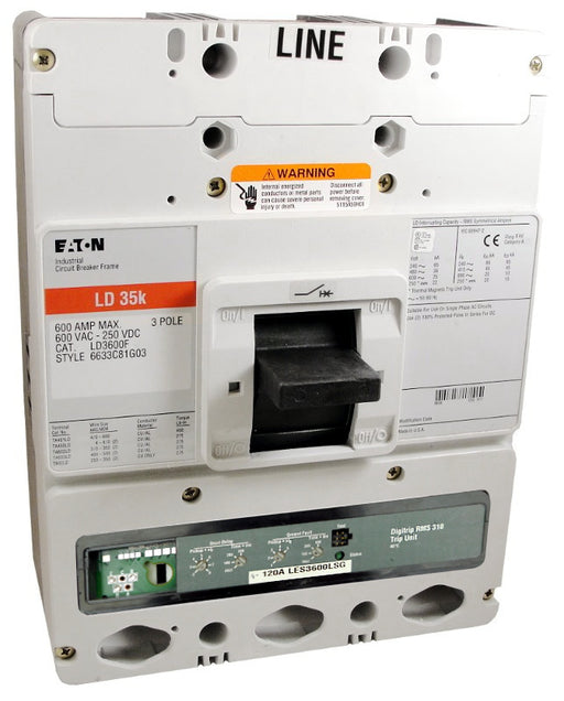 LD3600F w/LES3600LSG (RMS 310) LD Frame Style, Molded Case Circuit Breaker, LSG Function Non-Interchangeable Trip Unit, 600 Ampere Max at 40 Degree Celsius, 3 Pole, 600VAC @ 50/60HZ, Rating Plug Not Included, Without Terminals Standard. New Surplus and Certified Reconditioned with 1 Year Warranty.