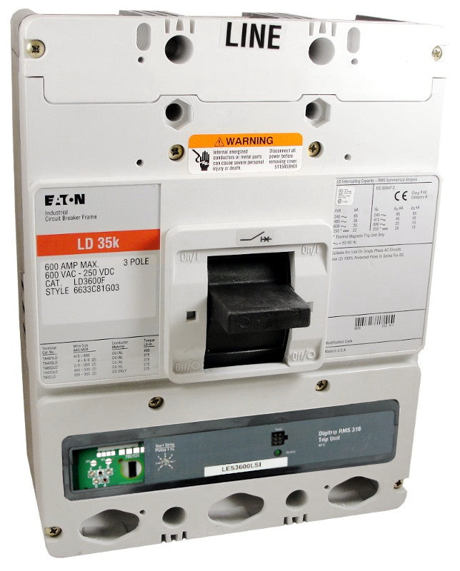 LD3600F w/LES3600LSI (RMS 310) LD Frame Style, Molded Case Circuit Breaker, LSI Function Non-Interchangeable Trip Unit, 600 Ampere Max at 40 Degree Celsius, 3 Pole, 600VAC @ 50/60HZ, Rating Plug Not Included, Without Terminals Standard. New Surplus and Certified Reconditioned with 1 Year Warranty.