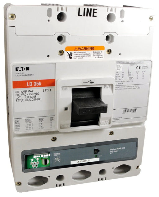 LD3600F w/LES3600LSI (RMS 310) LD Frame Style, Molded Case Circuit Breaker, LSI Function Non-Interchangeable Trip Unit, 600 Ampere Max at 40 Degree Celsius, 3 Pole, 600VAC @ 50/60HZ, Rating Plug Not Included, Without Terminals Standard. New Surplus and Certified Reconditioned with 1 Year Warranty.