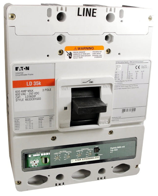 LD3600F w/LES3600LSIG (RMS 310) LD Frame Style, Molded Case Circuit Breaker, LSIG Function Non-Interchangeable Trip Unit, 600 Ampere Max at 40 Degree Celsius, 3 Pole, 600VAC @ 50/60HZ, Rating Plug Not Included, Without Terminals Standard. New Surplus and Certified Reconditioned with 1 Year Warranty.
