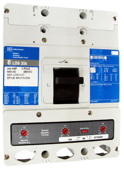 LDB3300 LDB Frame Style, Molded Case Circuit Breaker, Thermal Magnetic Non-Interchangeable Trip Unit, Suitable for Reverse Feed, 300 Ampere at 40 Degree Celsius, 3 Pole, 600VAC @ 50/60HZ. New Surplus and Certified Reconditioned with 1 Year Warranty.