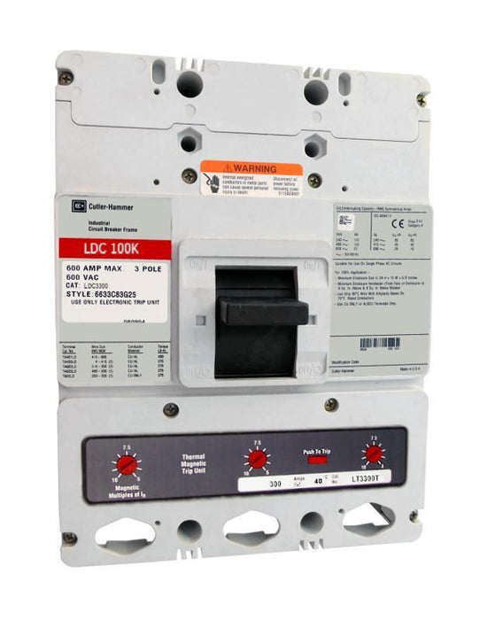 LDC3300 LDC Frame Style, Molded Case Circuit Breaker, Thermal Magnetic Interchangeable Trip Unit, Ultra High Interrupting Capacity, Current Limiting, 300 Ampere at 40 Degree Celsius, 3 Pole, 600VAC @ 50/60HZ. New Surplus and Certified Reconditioned with 1 Year Warranty.