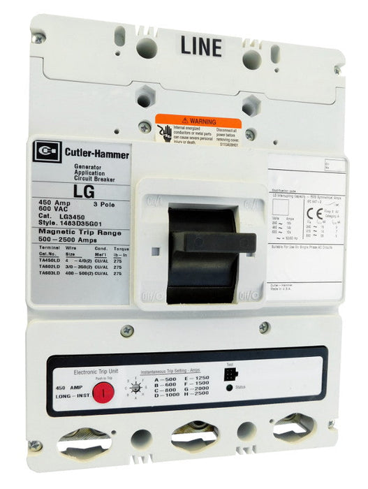 LG3600 LG Frame Style, Molded Case Generator Circuit Breaker, Electronic Interchangeable Trip Unit, 500-2500 Trip Range, 600 Ampere at 40 Degree Celsius, 3 Pole, 600VAC @ 50/60HZ, Line and Load End Terminals Standard. New Surplus and Certified Reconditioned with 1 Year Warranty.