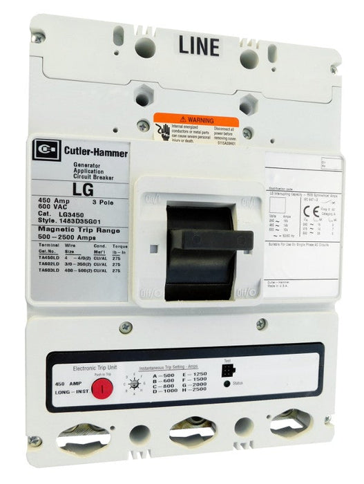 LG3450 LG Frame Style, Molded Case Generator Circuit Breaker, Electronic Interchangeable Trip Unit, 500-2500 Trip Range, 450 Ampere at 40 Degree Celsius, 3 Pole, 600VAC @ 50/60HZ, Line and Load End Terminals Standard. New Surplus and Certified Reconditioned with 1 Year Warranty.