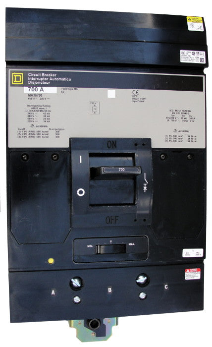 MA36700 MA Frame Style, Molded Case Circuit Breaker, Thermal Magnetic Non-interchangeable Trip Unit, 700 Ampere at 40 Degree Celsius, 3 Pole, Interrupting Ratings: 42 Kiloampere @ 240 VAC, 30 Kiloampere @ 480 VAC, 22 Kiloampere @ 600 VAC, 14 Kiloampere @ 250 VDC, Load End Terminals Standard. With 1 Year Warranty.