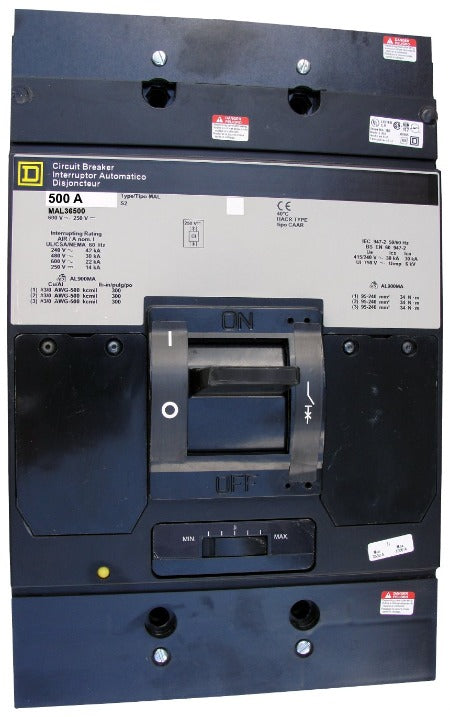 MAL36500 MAL Frame Style, Molded Case Circuit Breaker, Thermal Magnetic Non-interchangeable Trip Unit, 500 Ampere at 40 Degree Celsius, 3 Pole, Line and Load End Terminals Standard. New Surplus and Certified Reconditioned with 1 Year Warranty.