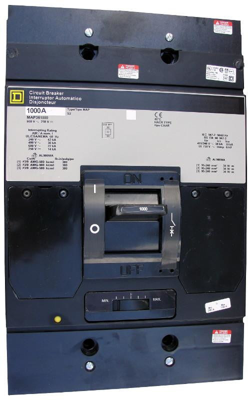 MAP361000 MAP Frame Style, Molded Case Circuit Breaker, Panel Mounted, Thermal Magnetic Non-interchangeable Trip Unit, 1000 Ampere at 40 Degree Celsius, 3 Pole, Load End Terminals Standard. New Surplus and Certified Reconditioned with 1 Year Warranty.