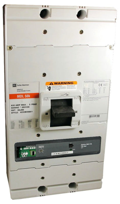 MDL3800F w/MES3800LS (RMS 310) MDL Frame Style, Molded Case Circuit Breaker, LS Function Non-Interchangeable Trip Unit, 800 Ampere Max at 40 Degree Celsius, 3 Pole, 600VAC @ 50/60HZ, Rating Plug Not Included, Without Terminals Standard. New Surplus and Certified Reconditioned with 1 Year Warranty.