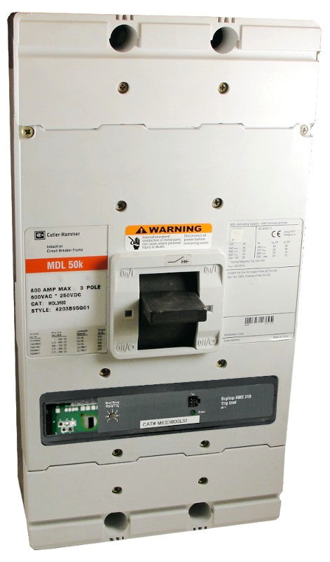 MDL3800F w/MES3800LSI (RMS 310) MDL Frame Style, Molded Case Circuit Breaker, LSI Function Non-Interchangeable Trip Unit, 800 Ampere Max at 40 Degree Celsius, 3 Pole, 600VAC @ 50/60HZ, Rating Plug Not Included, Without Terminals Standard. New Surplus and Certified Reconditioned with 1 Year Warranty.