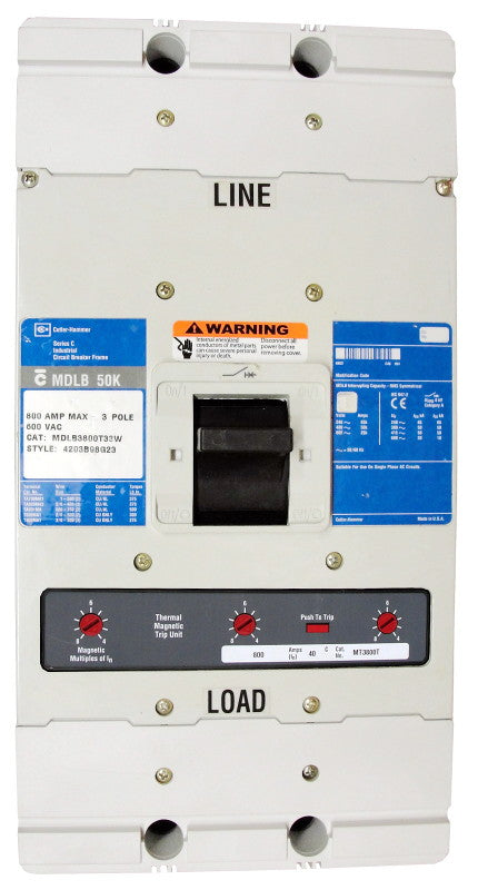 MDLB3800 MDLB Frame Style, Molded Case Circuit Breaker, Thermal Magnetic Non-Interchangeable Trip Unit, 800 Ampere at 40 Degree Celsius, 3 Pole, 600VAC @ 50/60HZ. New Surplus and Certified Reconditioned with 1 Year Warranty.