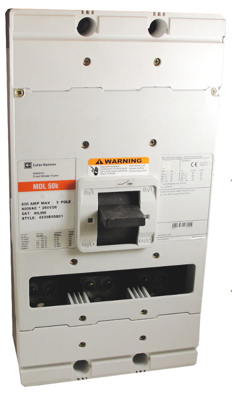 MDL3800F (Frame Only) MDL Frame Style, Molded Case Circuit Breaker, Frame Only (No Trip Unit Included), 600VAC @ 50/60HZ, Interrupting Ratings: 65 Kiloampere @ 240VAC, 50 Kiloampere @ 480VAC, 25 Kiloampere @ 600VAC, 22 Kiloampere @ 250VDC. New Surplus and Certified Reconditioned with 1 Year Warranty.
