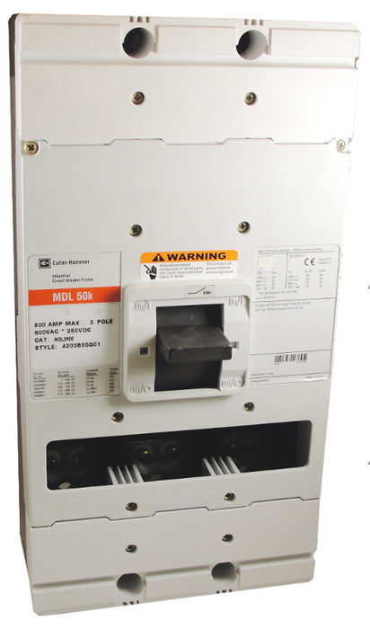 MDL3800F (Frame Only) MDL Frame Style, Molded Case Circuit Breaker, Frame Only (No Trip Unit Included), 600VAC @ 50/60HZ, Interrupting Ratings: 65 Kiloampere @ 240VAC, 50 Kiloampere @ 480VAC, 25 Kiloampere @ 600VAC, 22 Kiloampere @ 250VDC. New Surplus and Certified Reconditioned with 1 Year Warranty.