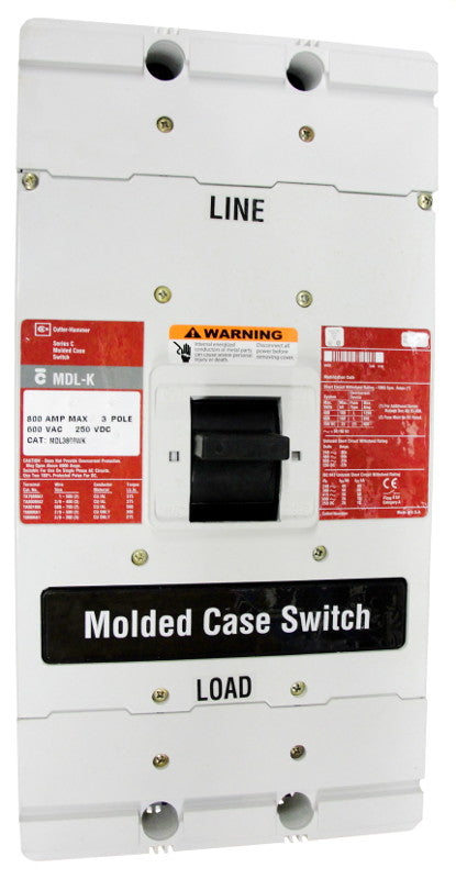 MDL3800WK MDL Frame Style, High Magnetic Molded Case Switch, 800 Ampere at 40 Degree Celsius, 3 Pole, 600VAC @ 50/60HZ, Interrupting Ratings: 65 Kiloampere @ 240VAC, 50 Kiloampere @ 480VAC, 25 Kiloampere @ 600VAC, 22 Kiloampere @ 250VDC. New Surplus and Certified Reconditioned with 1 Year Warranty.