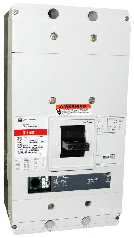 ND3800T33W ND Frame Style, Molded Case Circuit Breaker, Electronic Non-Interchangeable Trip Unit(Digitrip RMS 310), LS Trip Unit Functions, 800 Ampere at 40 Degree Celsius, 3 Pole, 600VAC @ 50/60HZ, Rating Plug Not Included, Without Terminals. New Surplus and Certified Reconditioned with 1 Year Warranty.