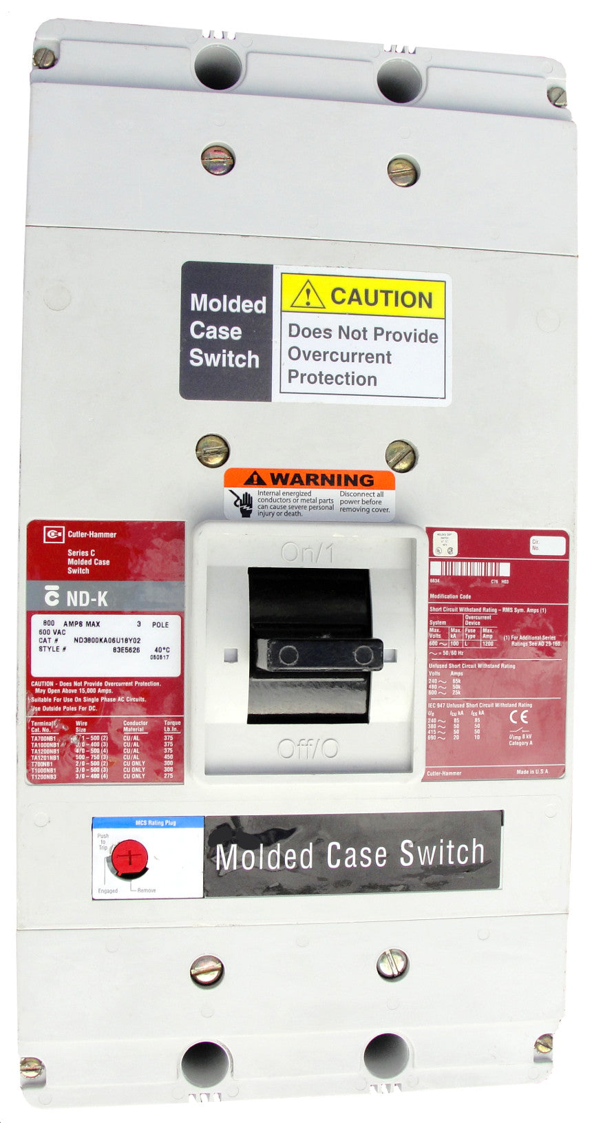 ND3800WK ND Frame Style, High Magnetic Molded Case Switch, 800 Ampere at 40 Degree Celsius, 3 Pole, 600VAC @ 50/60HZ, Interrupting Ratings: 65 Kiloampere @ 240VAC, 50 Kiloampere @ 480VAC, 25 Kiloampere @ 600VAC, Without Terminals. New Surplus and Certified Reconditioned with 1 Year Warranty.