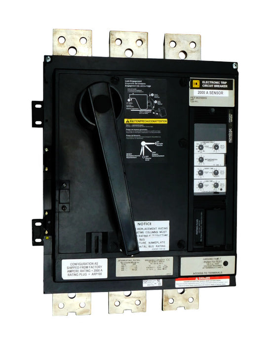 PEF362000LSG PEF Frame Style, Molded Case Circuit Breaker, 2000 Amp Sensor Size, 100% Rated, Electronic Non-interchangeable Trip Unit, LSIG Trip Unit Functions, 2000 Ampere at 40 Degree Celsius, 3 Pole, with ARP050 Rating Plug Installed Standard, Line and Load End Terminals Standard. New Surplus and Certified Reconditioned with 1 Year Warranty.