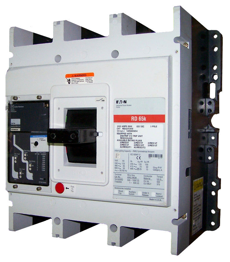 RD325T36W RD Frame Style, Molded Case Circuit Breaker, Electronic Non-Interchangeable Trip Unit(Digitrip RMS 310), (LSIG)Trip Unit Functions, 2500 Ampere at 40 Degree Celsius, 3 Pole, 600VAC @ 50/60HZ, Interrupting Ratings: 125 Kiloampere @ 240VAC, 65 Kiloampere @ 480VAC, 50 Kiloampere @ 600VAC. 1 Year Warranty.