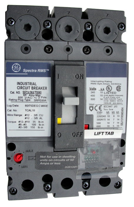 SEDA36AT0100 SE150 Frame Style, Molded Case Circuit Breaker, Thermal Magnetic Non-interchangeable Trip Unit, 100 Ampere Maximum at 40 Degree Celsius, 3 Pole, 600VAC @ 50/60HZ, Terminals Not Included. New Surplus and Certified Reconditioned with 1 Year Warranty.