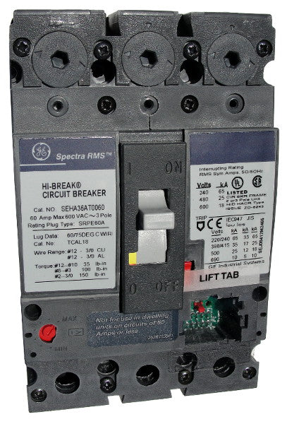SEHA36AT0100 SE150 Frame Style, Molded Case Circuit Breaker, Thermal Magnetic Non-interchangeable Trip Unit, 100 Ampere Maximum at 40 Degree Celsius, 3 Pole, 600VAC @ 50/60HZ, No Terminals Included. New Surplus and Certified Reconditioned with 1 Year Warranty.