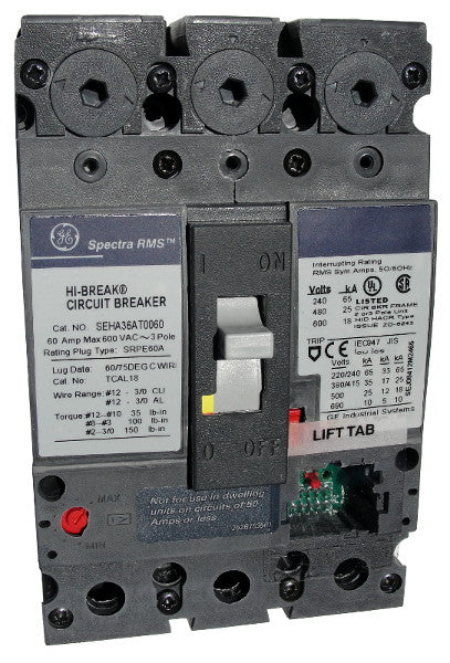 SEHA36AT0030 SE150 Frame Style, Molded Case Circuit Breaker, Thermal Magnetic Non-interchangeable Trip Unit, 30 Ampere Maximum at 40 Degree Celsius, 3 Pole, 600VAC @ 50/60HZ, No Terminals Included. New Surplus and Certified Reconditioned with 1 Year Warranty.