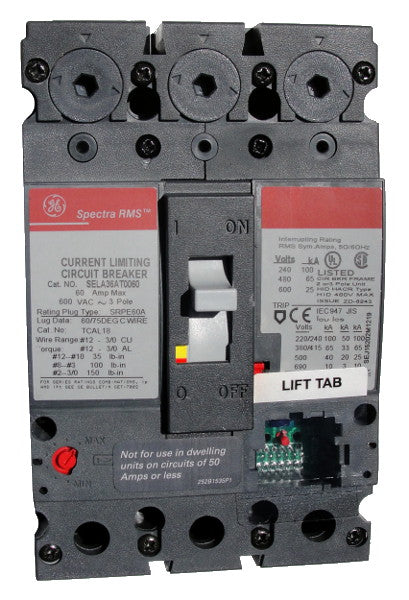 GE SGDA32AT0400 SG600 Frame Style, Molded Case Circuit Breaker, Thermal Magnetic Non-Interchangeable Trip Unit, 400 Ampere Maximum at 40 Degree Celsius, 3 Pole, 600VAC @ 50/60HZ, Interrupting Ratings: 65 Kiloampere @ 240V AC, Terminals Not Included. New Surplus and Certified Reconditioned with 1 Year Warranty.