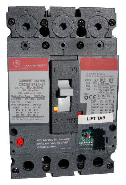 SELA36AT0100 SE150 Frame Style, Molded Case Circuit Breaker, Thermal Magnetic Non-interchangeable Trip Unit, 100 Ampere Maximum at 40 Degree Celsius, 3 Pole, 600VAC @ 50/60HZ, No Terminals Included. New Surplus and Certified Reconditioned with 1 Year Warranty.